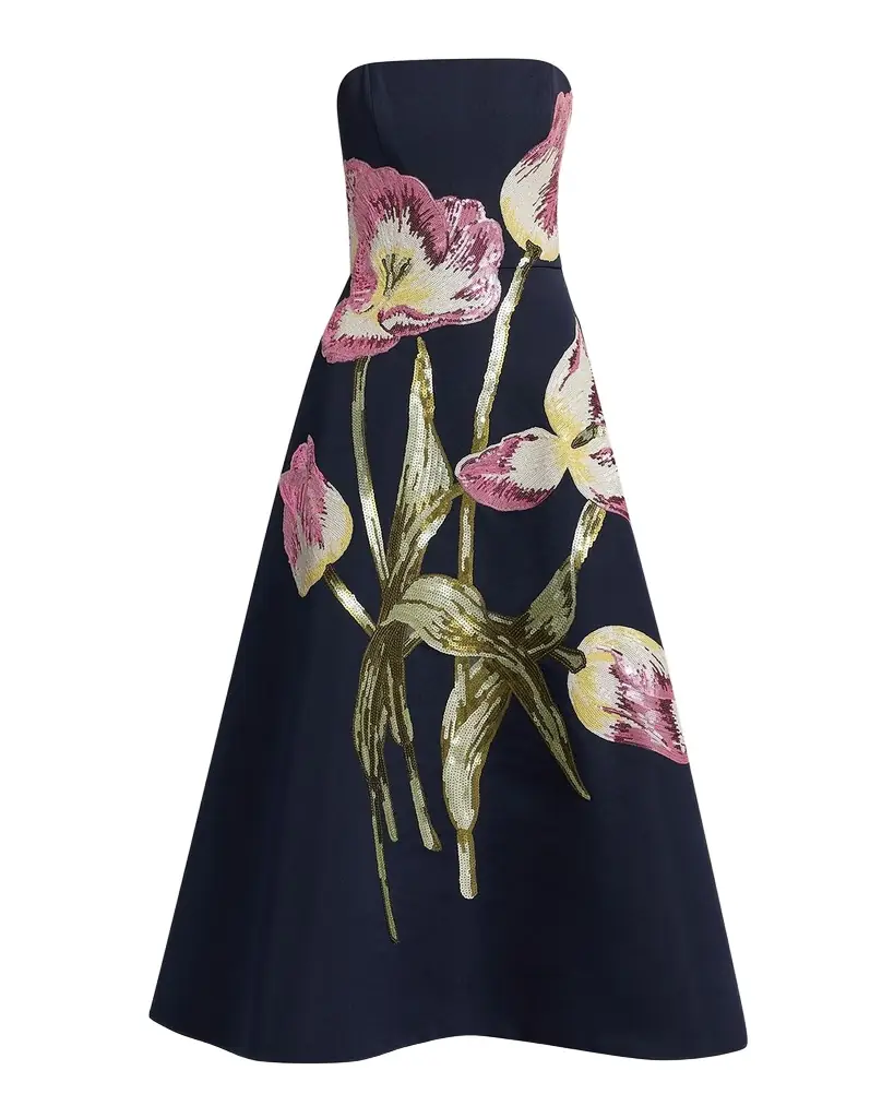Amsale Floral Sequined Strapless Midi Cocktail Dress