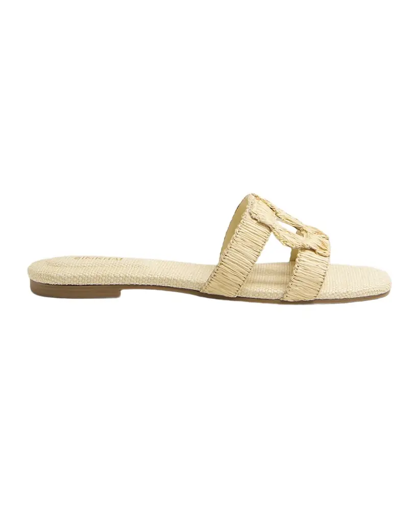 SIMKHAI Raffia Monogram Flat Slide Sandals