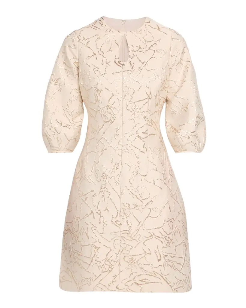 Rickie Freeman for Teri Jon Cutout Puff-Sleeve Metallic Jacquard Dress