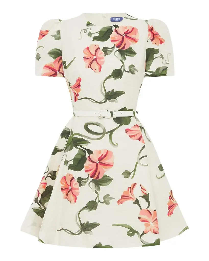 LEO LIN Elyse Belted Floral Linen-Blend Mini Dress