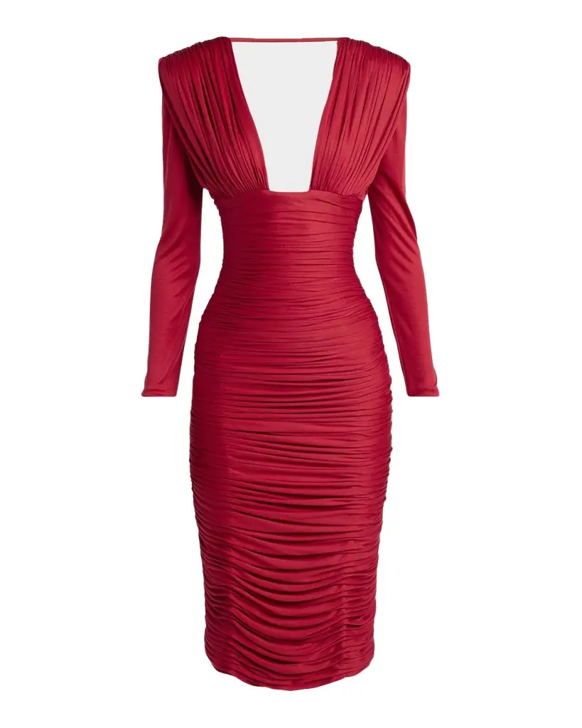 Versace Gathered Long-Sleeve Midi Dress