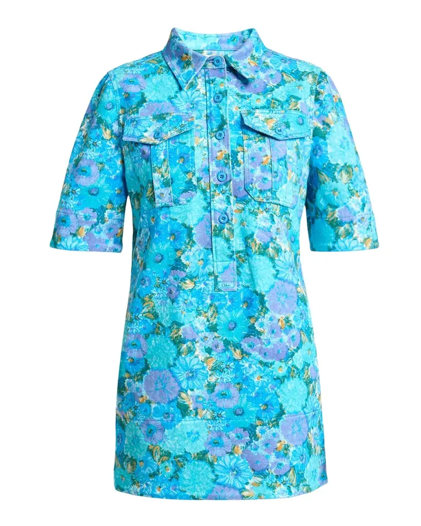 Chloe Floral Cotton Twill Short-Sleeve Mini Shirtdress