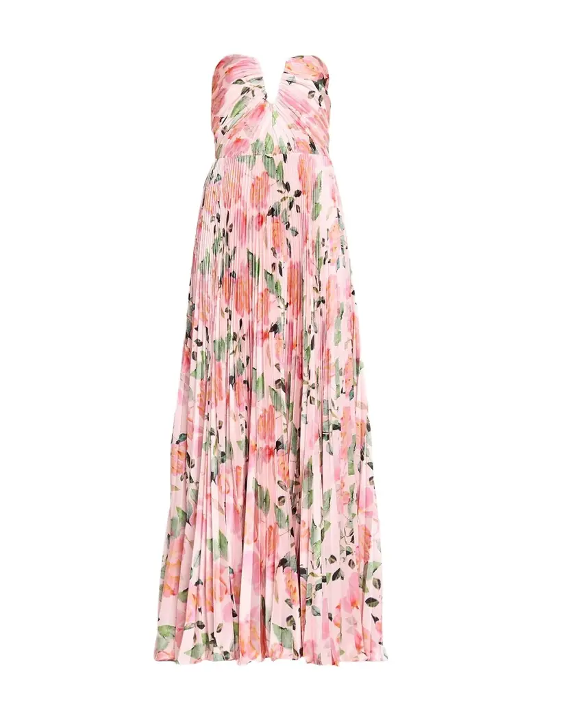 As It May Ella Strapless Pleated Floral-Print Satin Gown