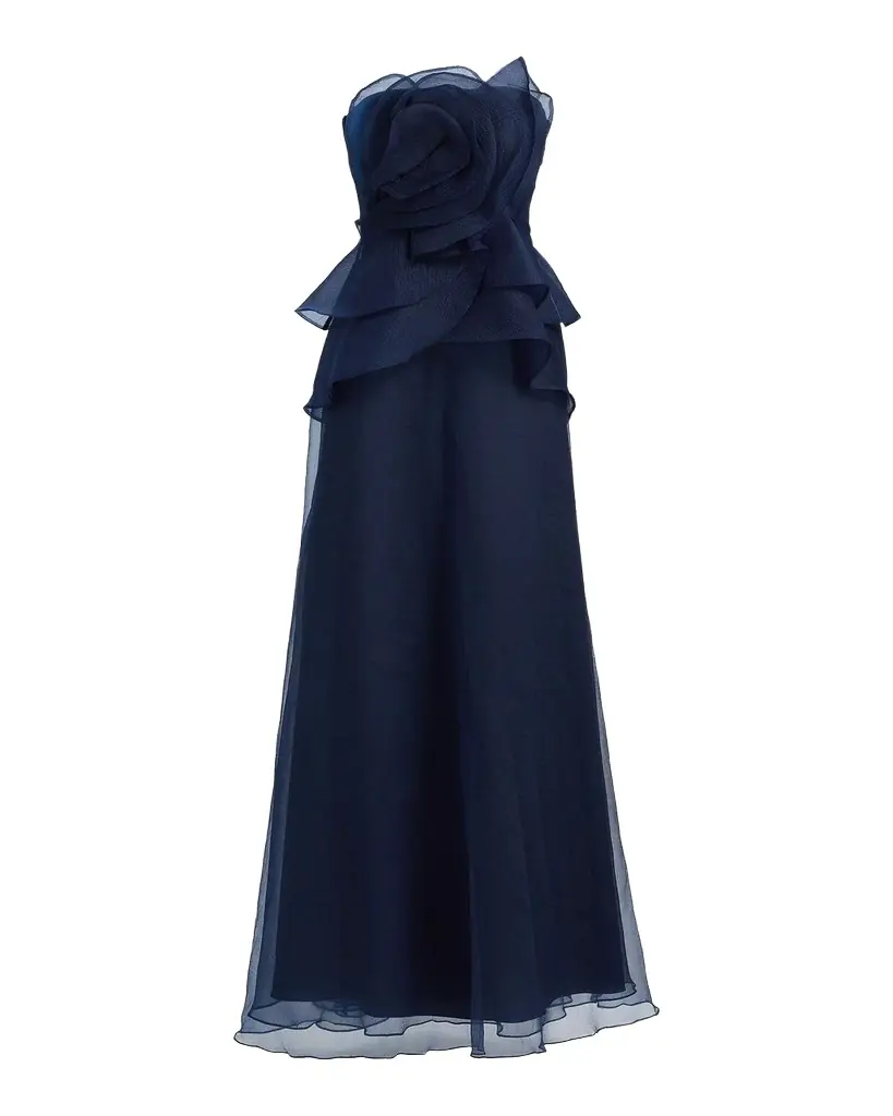 Theia Gilda Draped Rose Strapless Organza Gown
