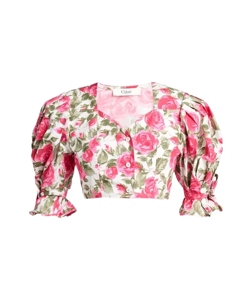 Chloe Floral Cotton Puff-Sleeve Button-Front Crop Top