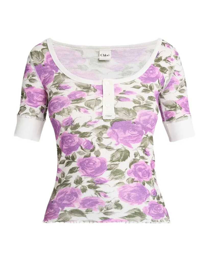 Chloe Floral Rib Short-Sleeve Henley Top