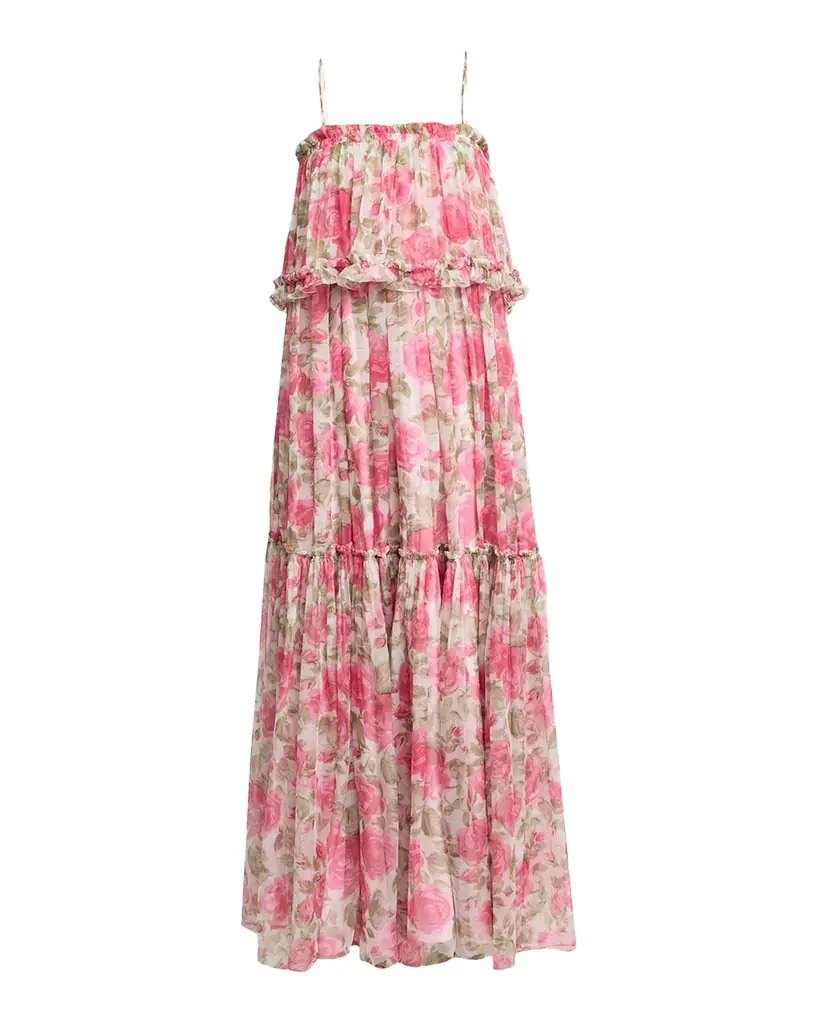 Chloe Rose Silk Chiffon Ruffle Tiered Maxi Dress