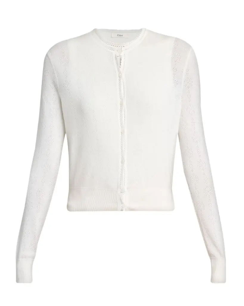 Chloe Pointelle Knit Crewneck Cardigan