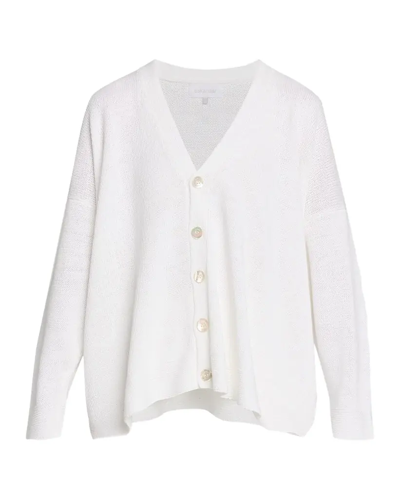 Eskandar Cotton Linen V-Neck Cardigan - Mid Length