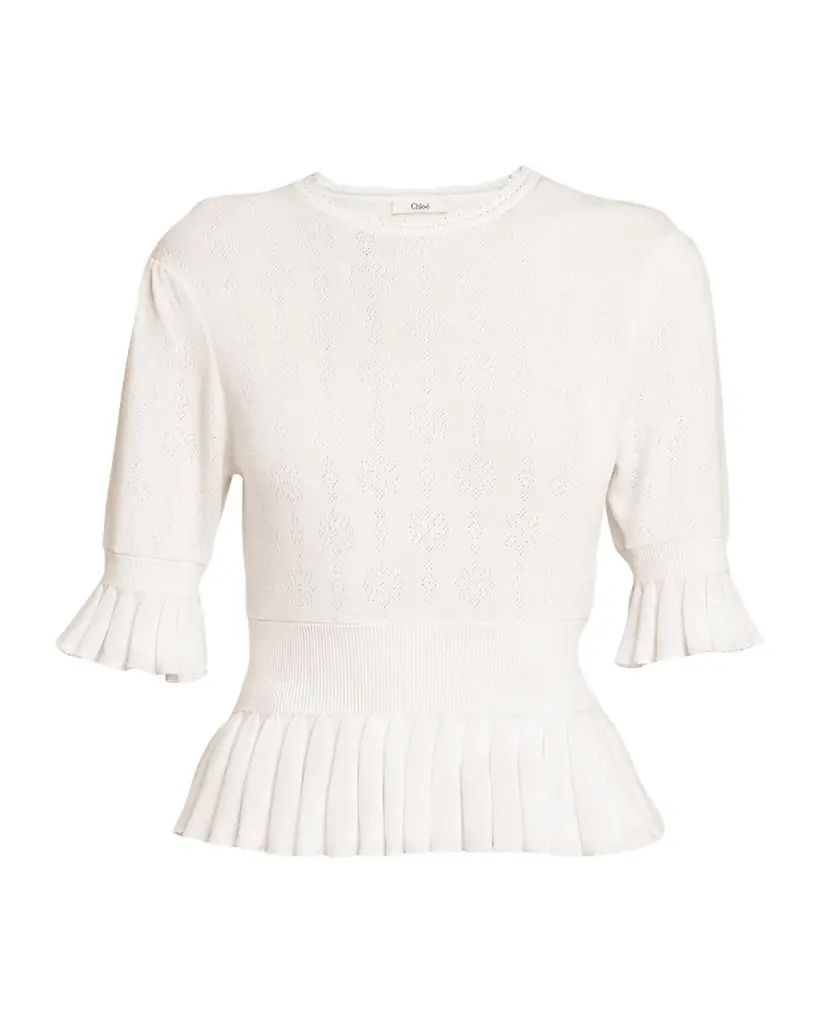 Chloe Short-Sleeve Pointelle Kit Ruffle Crewneck Sweater