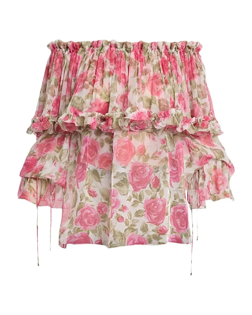 Floral Silk Off-The-Shoulder Ruffle Top