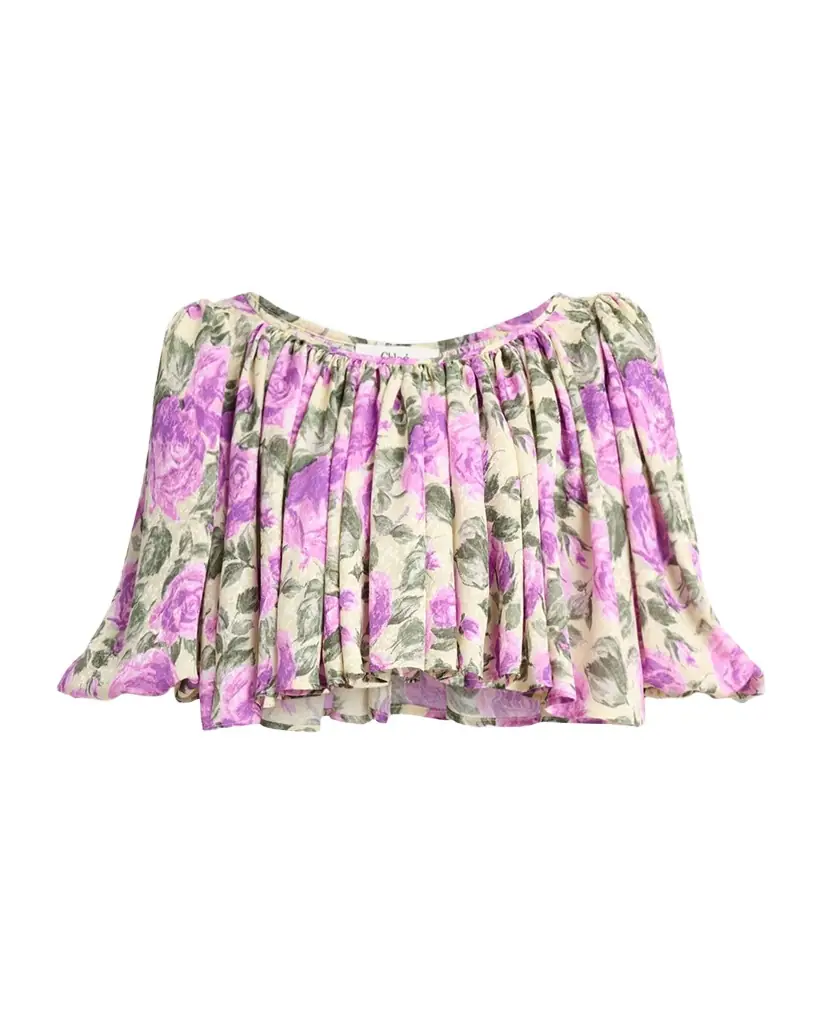 Chloe Floral Silk Puff-Sleeve Ruffle Crop Top