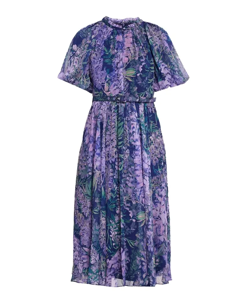Theia Marisol Floral-Print Pebbled Chiffon Midi Dress