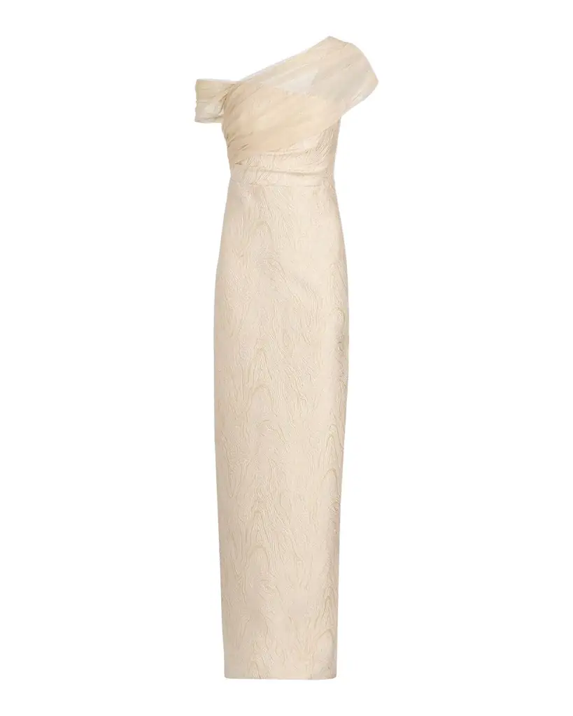 Theia Zara One-Shoulder Metallic Jacquard Column Gown