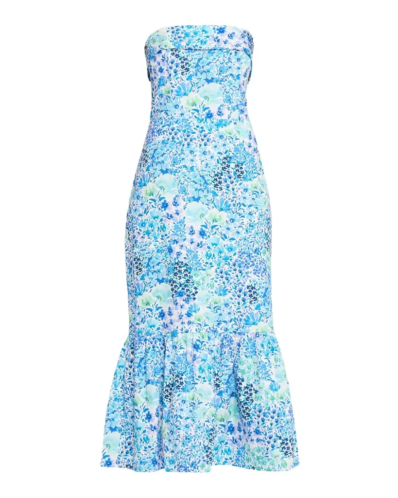 Shoshanna Wright Strapless Floral-Print Flounce Midi Dress