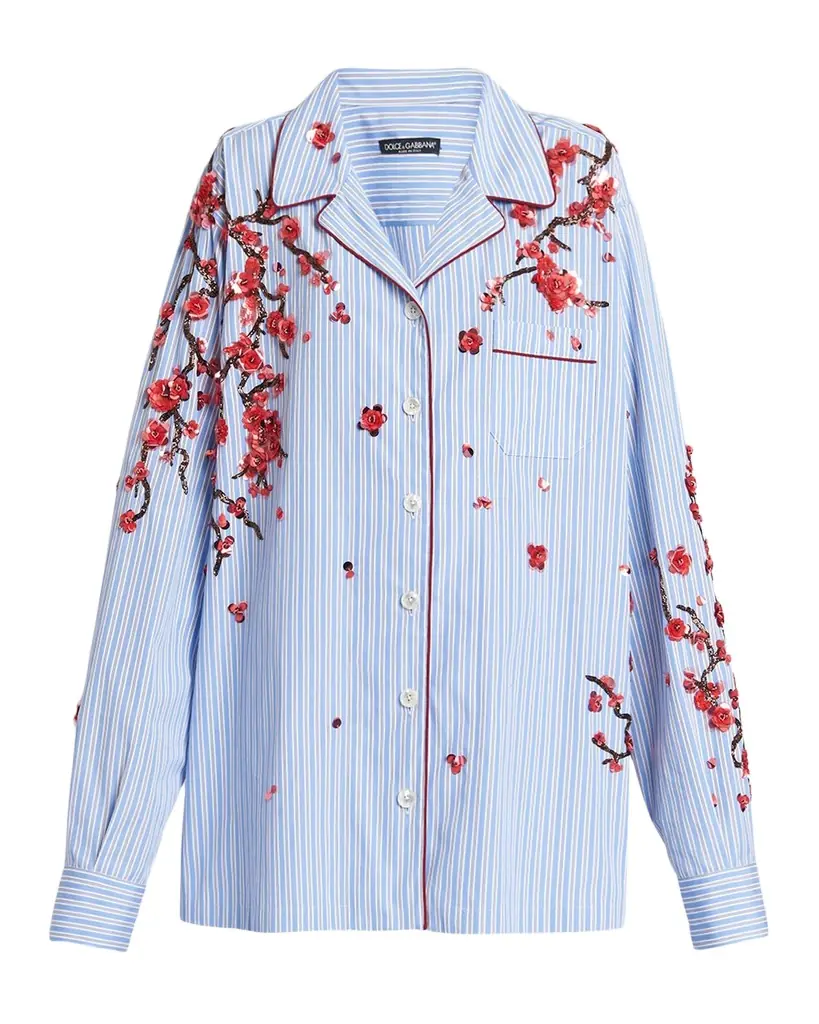 Dolce & Gabbana Cherry Blossom Embroidered Striped Pajama Shirt