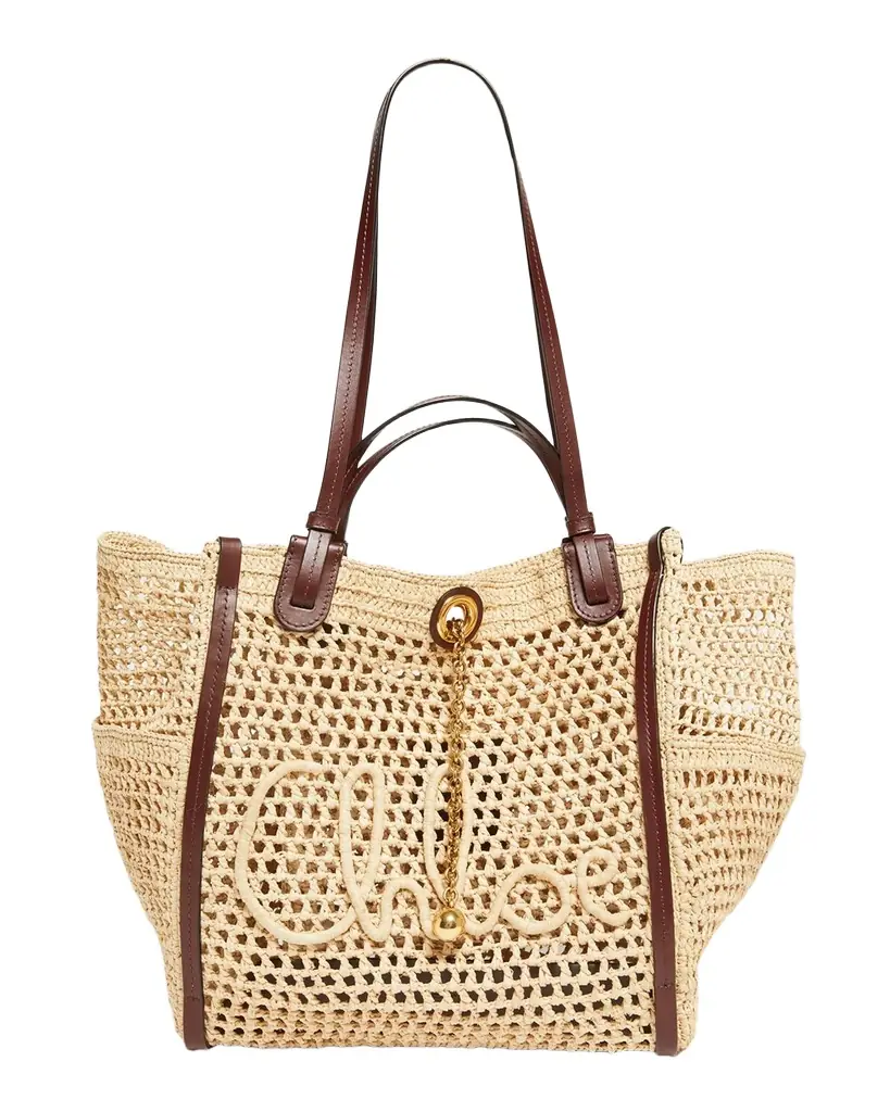 Chloe Logo Script Woven Raffia Tote Bag