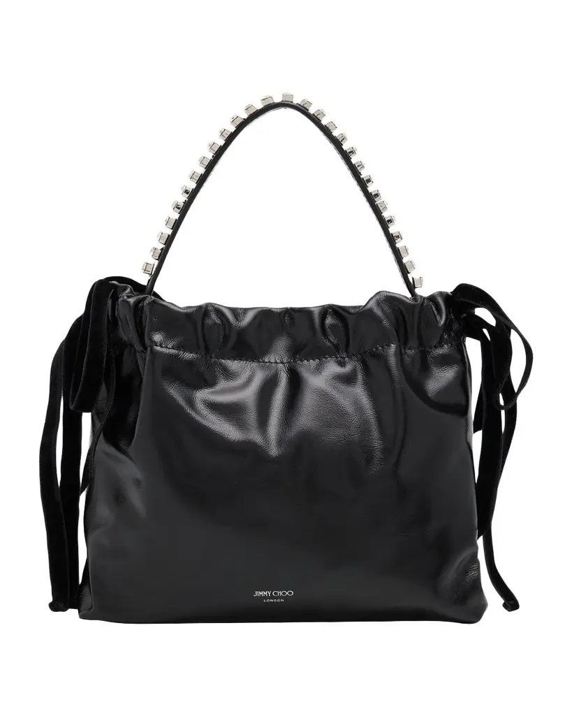 Jimmy Choo Leather Drawstring Mini Top-Handle Bag with Crystal-Embellished Handle