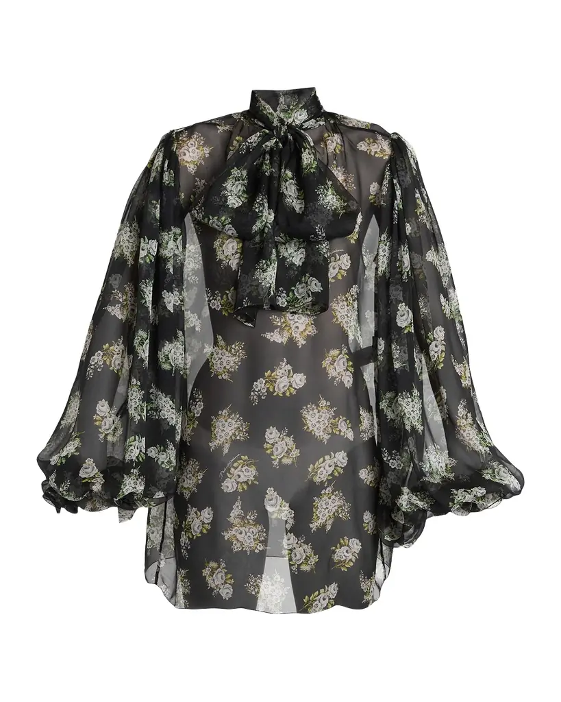 Dolce & Gabbana Floral Silk Chiffon Balloon-Sleeve Blouse