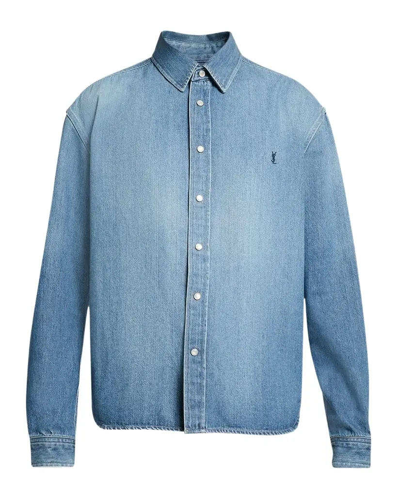 Saint Laurent Men 's Colorado Embroidered Cassandre Snap-Front Denim Shirt