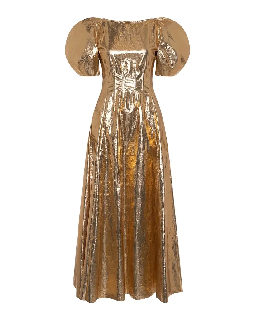 Gabriela Hearst Ranya Metallic Linen Puff-Sleeve Maxi Dress