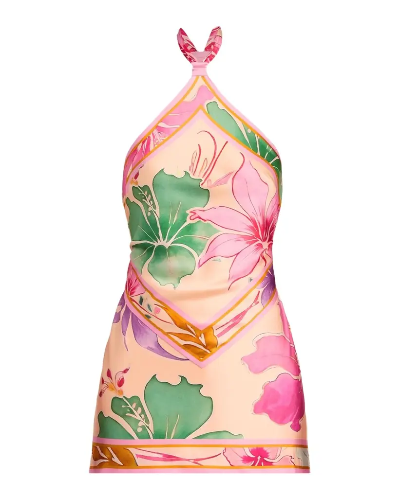 Retrofete Adelaide Floral Silk Knotted Halter Overlay Mini Dress