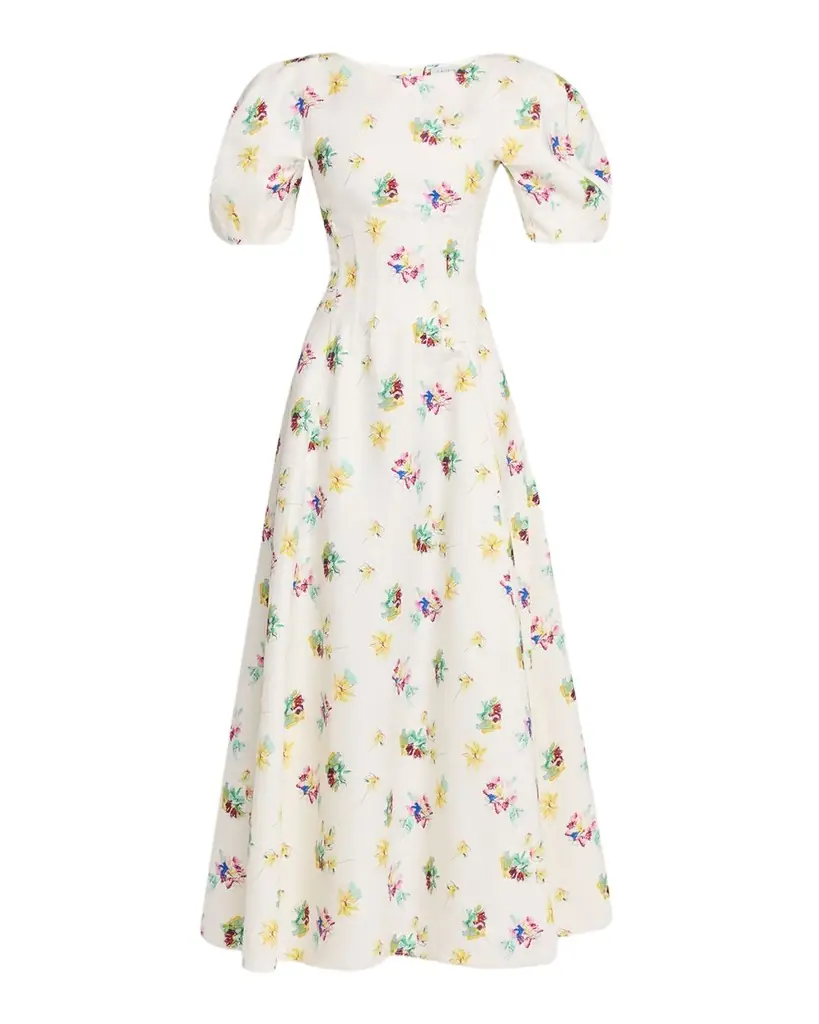 Ranya Puff-Sleeve Mia 's Flowers-Print Linen Maxi Dress