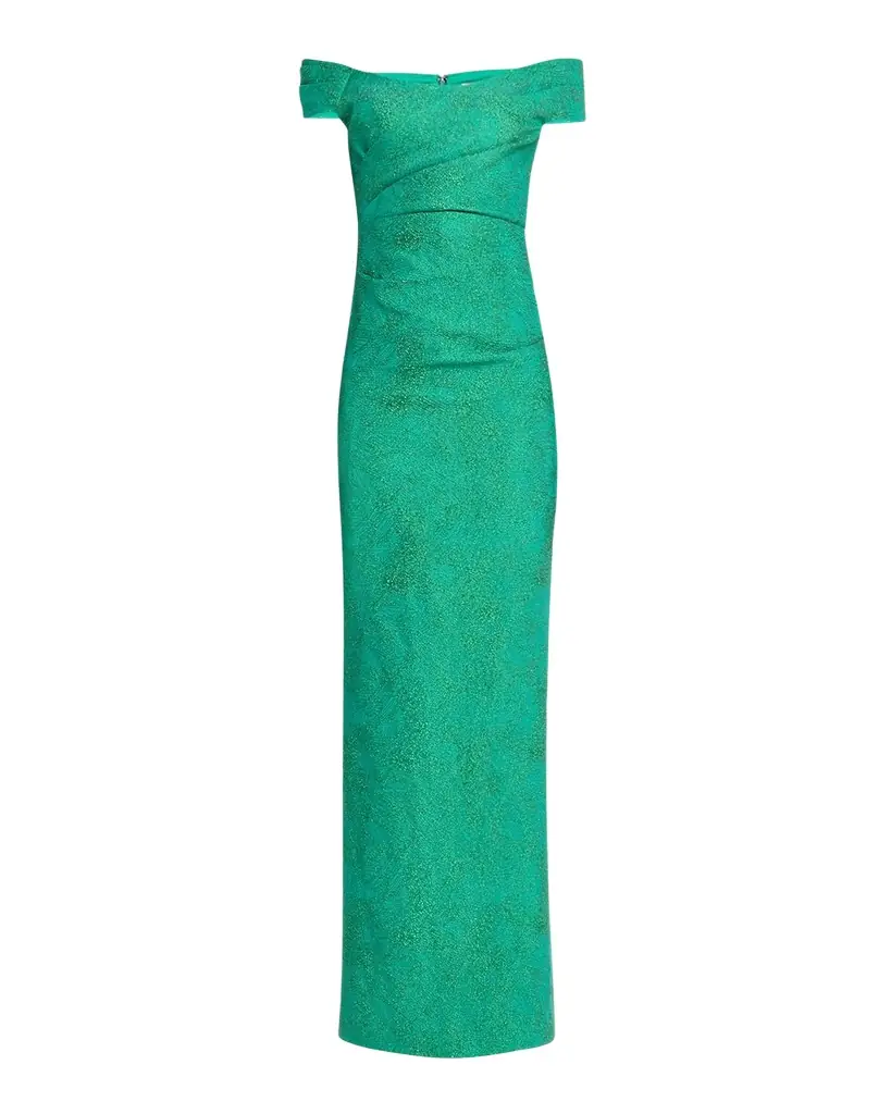 Rickie Freeman for Teri Jon Off-Shoulder Metallic Jacquard Column Gown