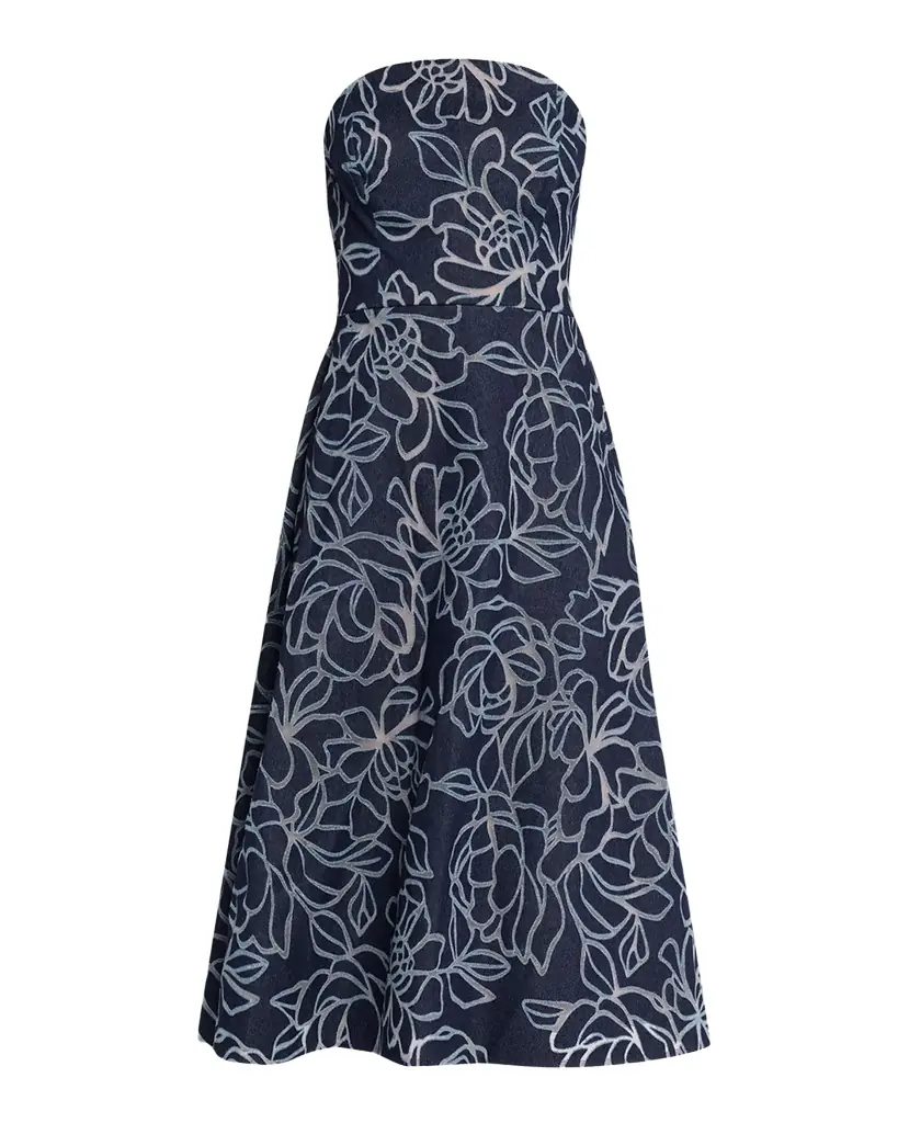 Rickie Freeman for Teri Jon Strapless Floral Burnout Denim Midi Dress