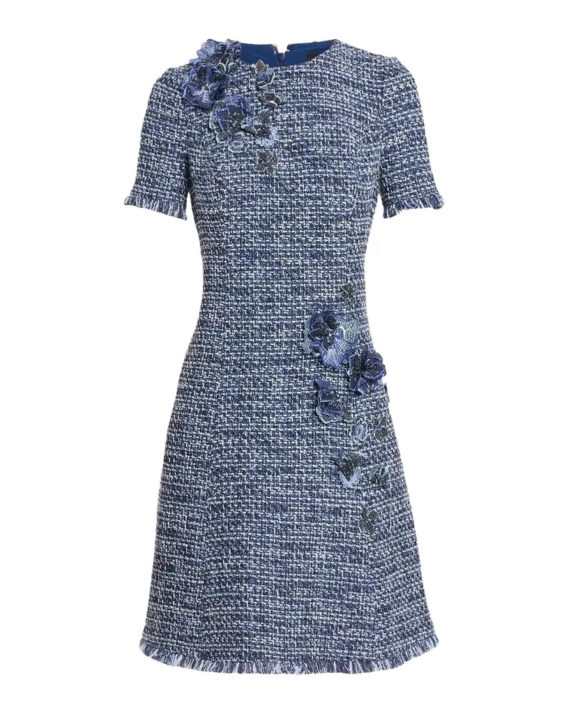 Rickie Freeman for Teri Jon Floral Tweed Short-Sleeve Dress