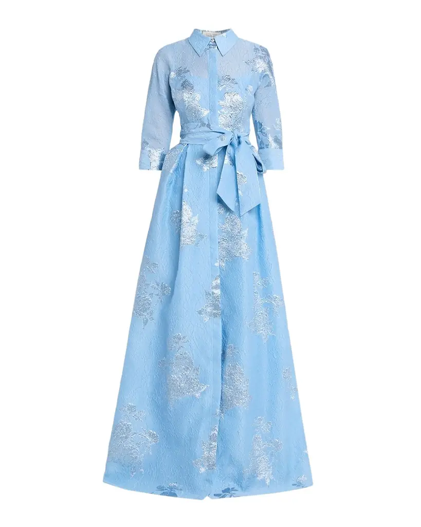 Rickie Freeman for Teri Jon Metallic Jacquard Collared Long Dress
