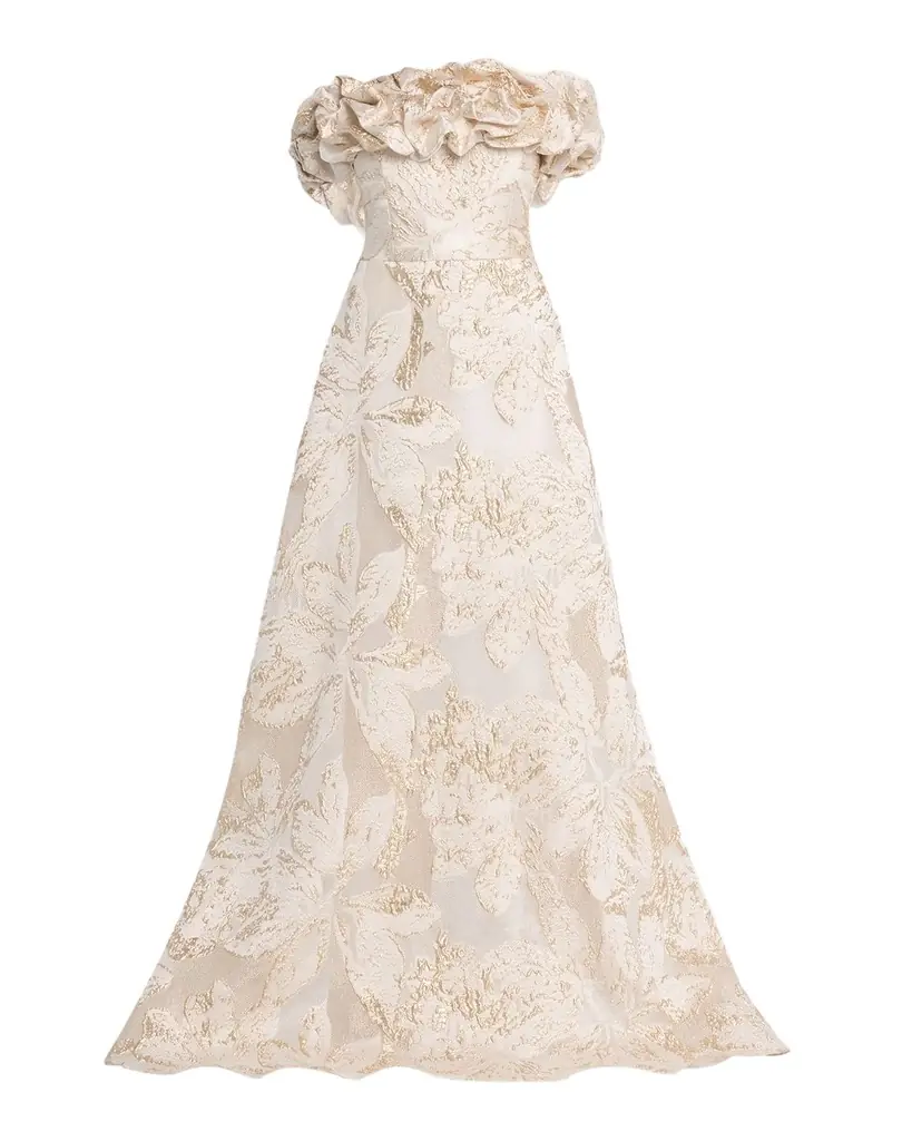 Rickie Freeman for Teri Jon Ruffled Off-Shoulder Metallic Jacquard Gown