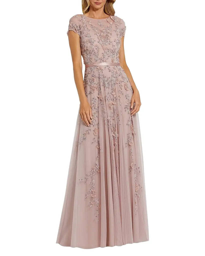 Mac Duggal Bead-Embroidered Mesh Gown
