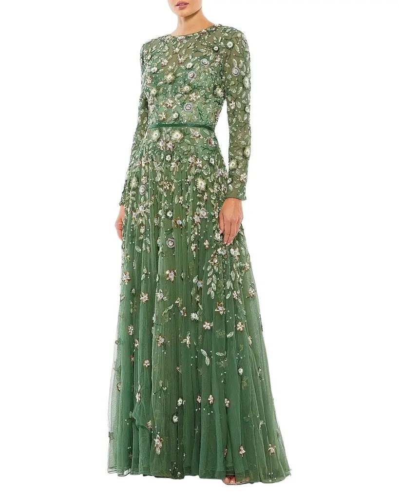Mac Duggal Sequin Floral Applique A-Line Gown