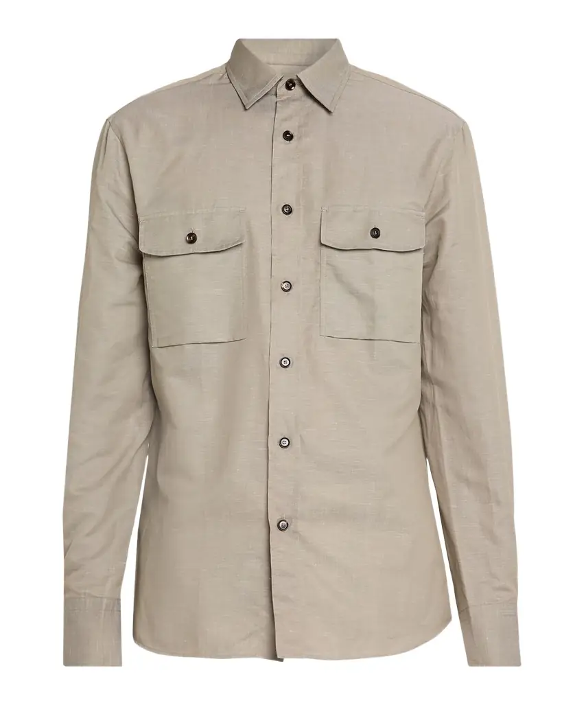 Brioni Men 's Cotton and Linen Flap-Pocket Military Shirt