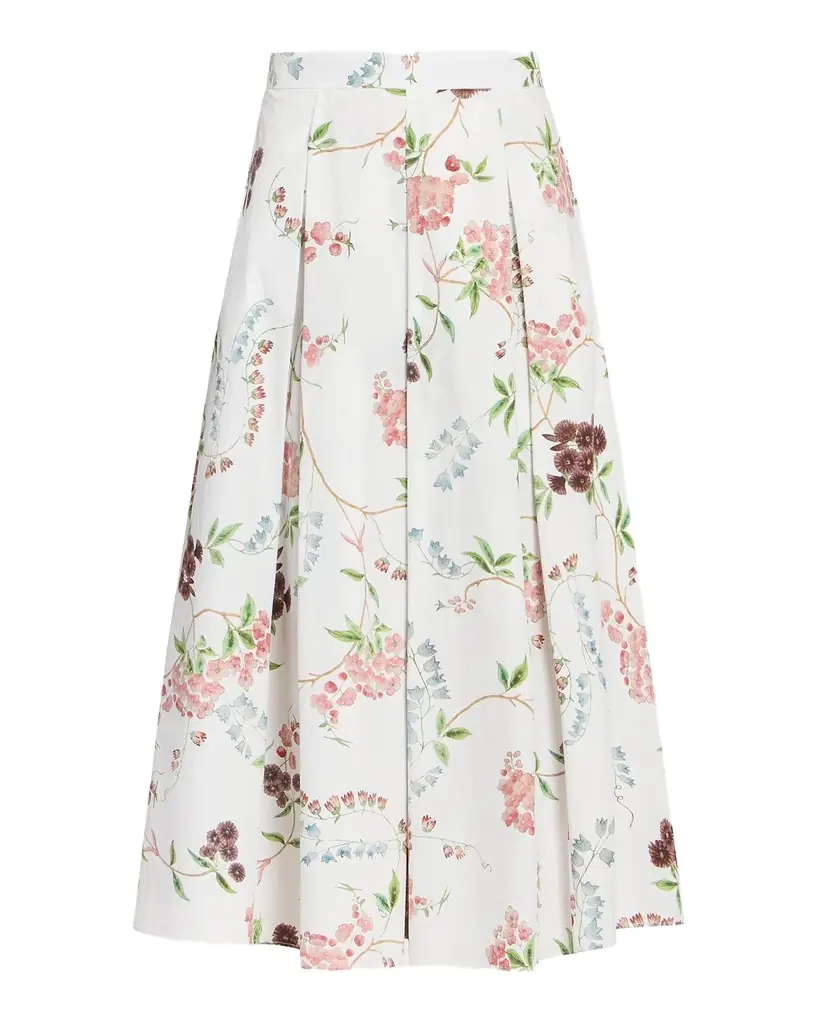 Erdem Floral Print Pleated Cotton Poplin Midi Skirt