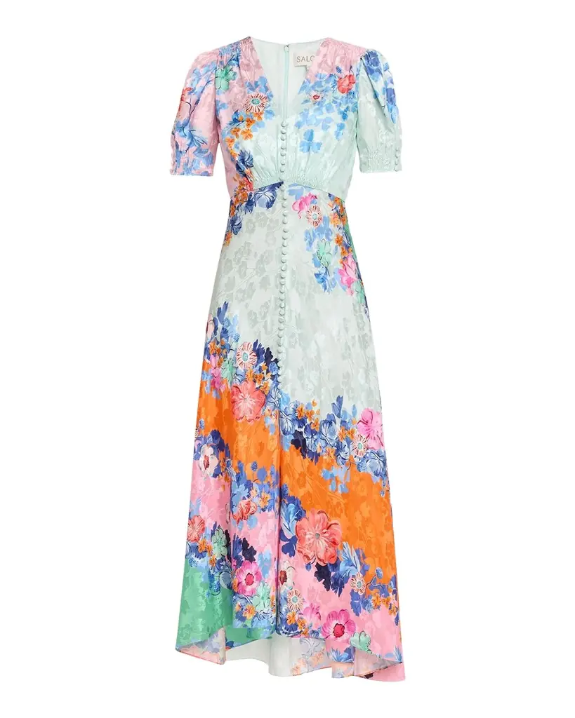 Saloni Lea Floral Silk Jacquard Button-Front Midi Dress