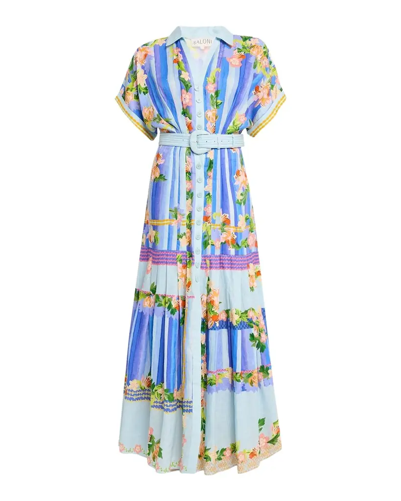Saloni Riya-B Belted Floral Linen Maxi Shirt Dress