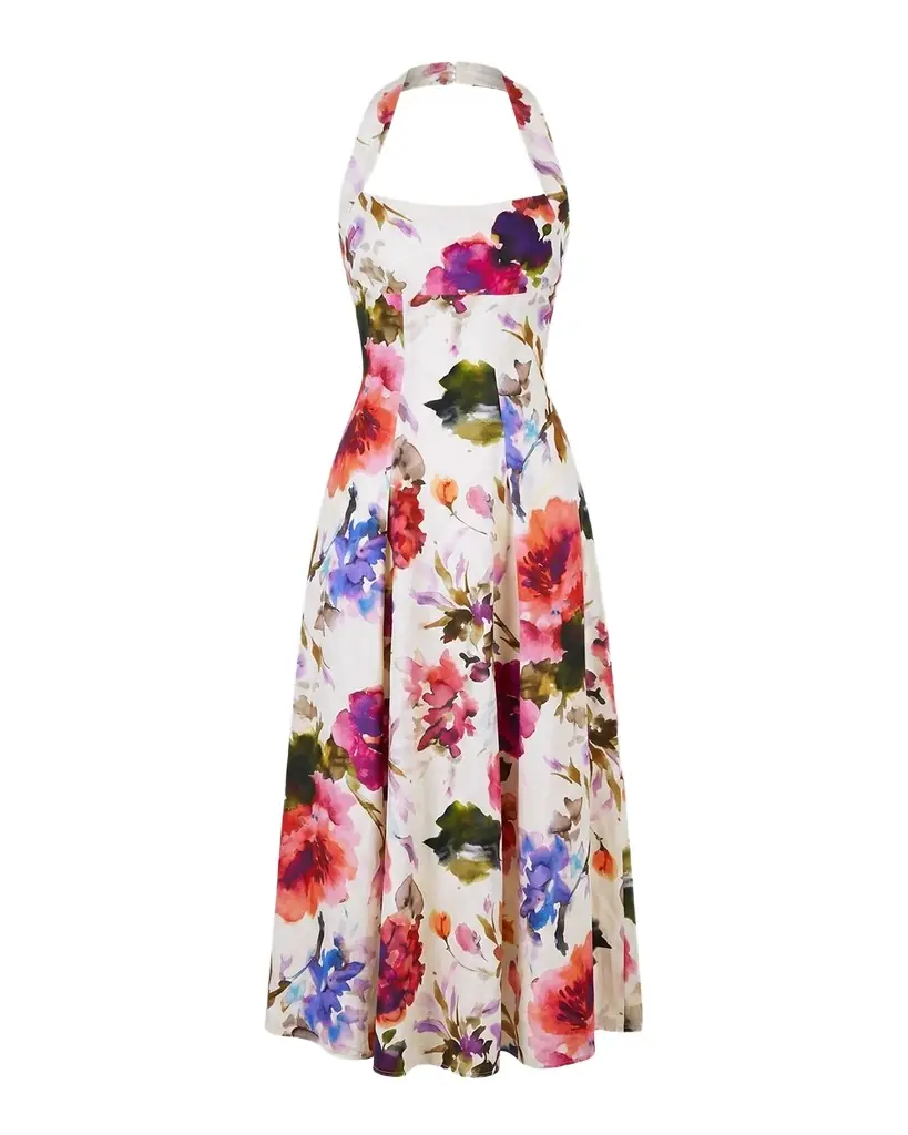 NICHOLAS Elisabeth Pleated Floral-Print Halter Midi Dress
