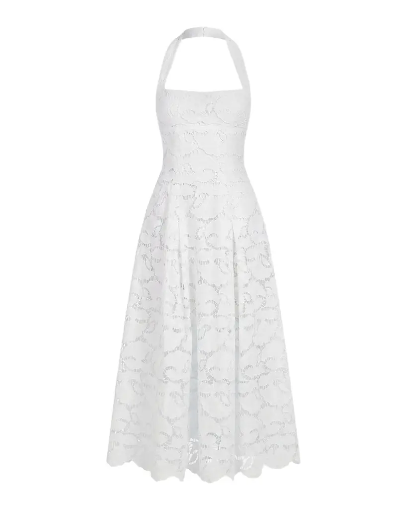NICHOLAS Elisabeth Pleated Lace Halter Midi Dress