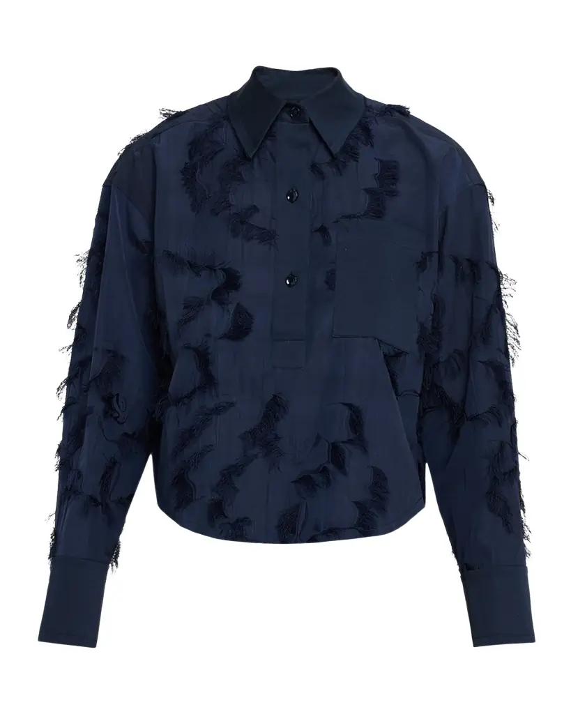 Jason Wu Collection Long Sleeve Fringe Fil Coupe Collared Shirt