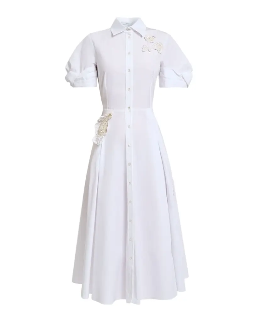 Erdem Pleated Floral Applique Cotton Midi Shirtdress