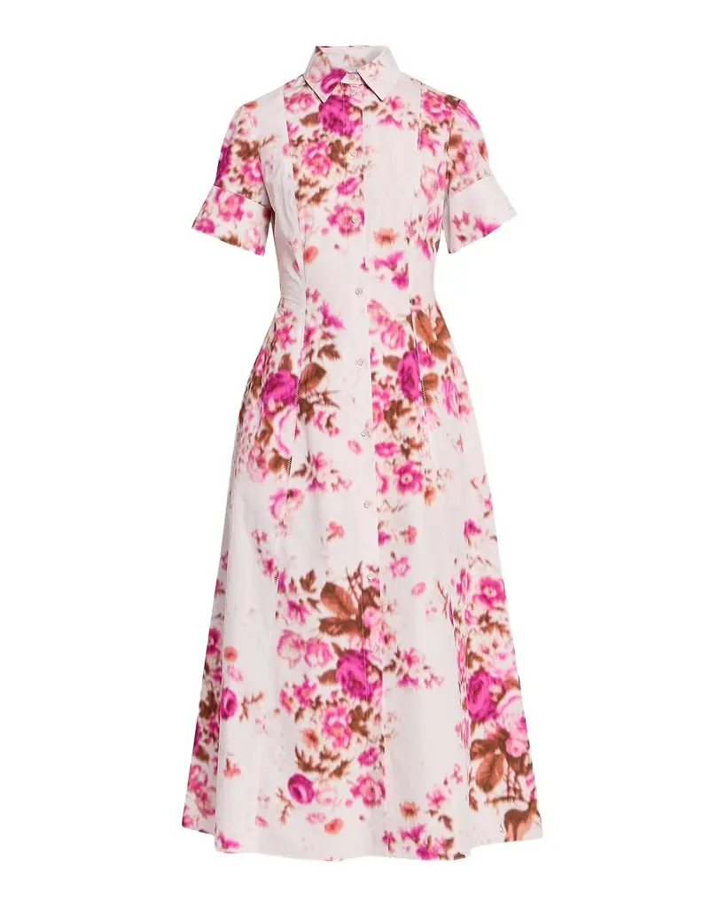 Erdem Short-Sleeve Blur Floral-Print Cotton Poplin Midi Shirtdress