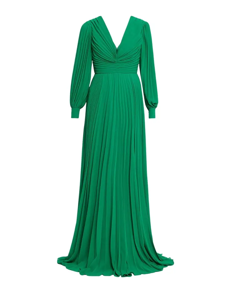 Badgley Mischka Pleated Blouson-Sleeve Georgette Gown