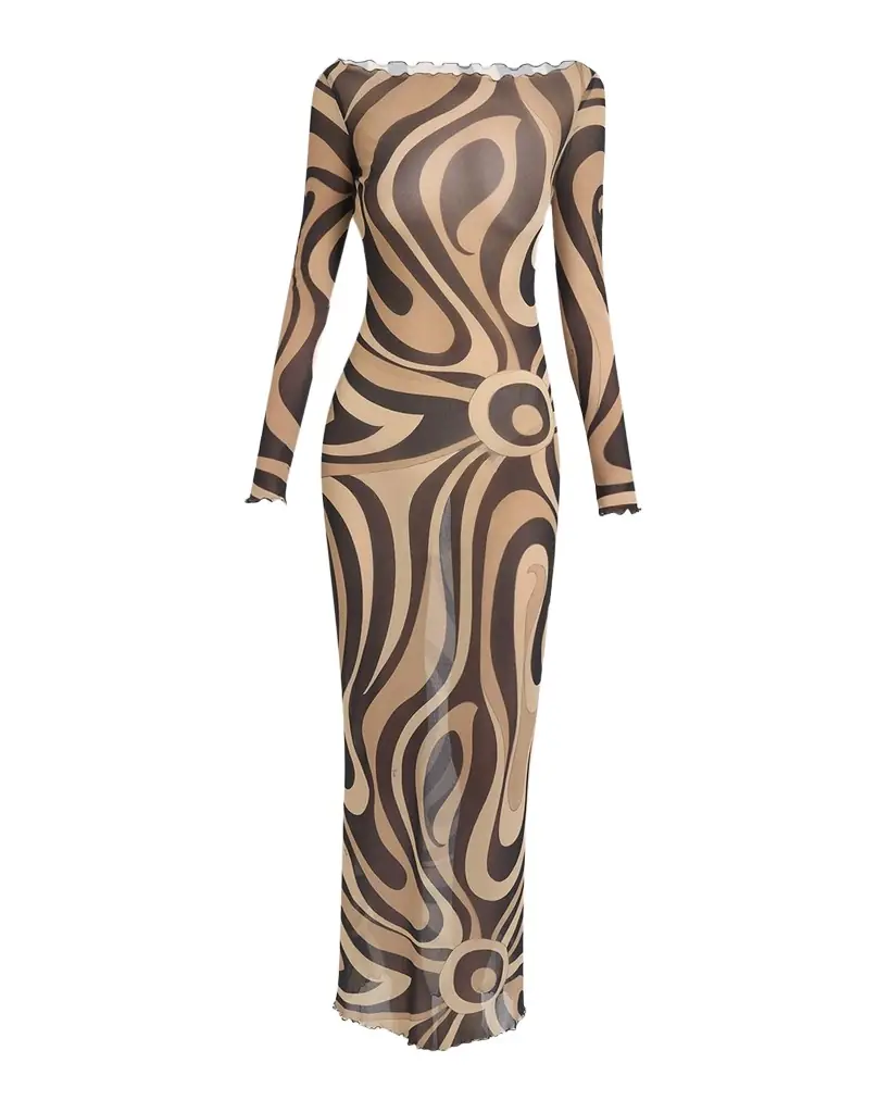 Pucci Marmo Tulle Long-Sleeve Maxi Dress