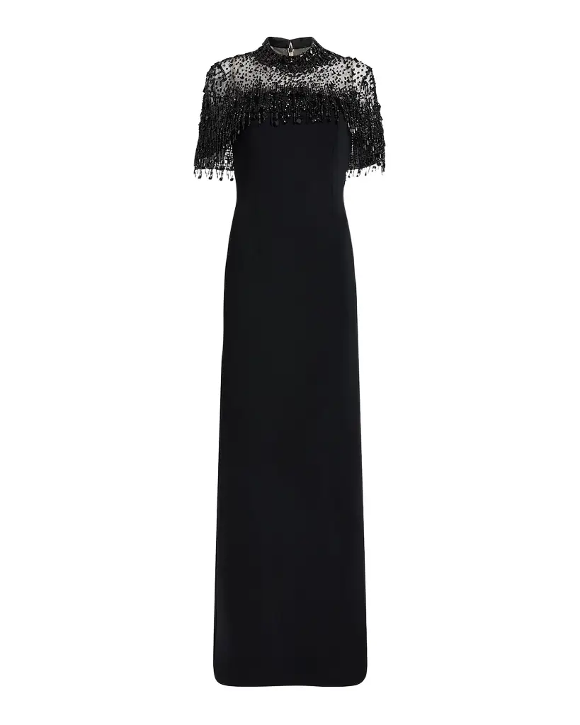 Jenny Packham Livia Crystal Fringe Capelet Column Gown