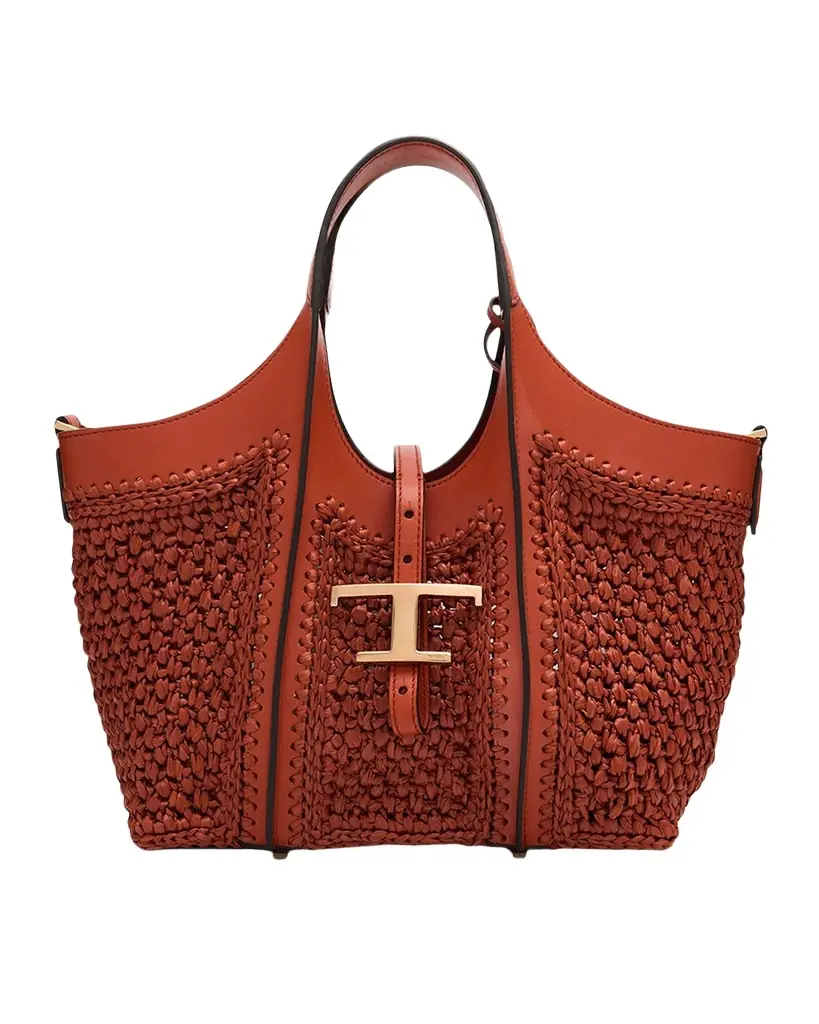 Tod 's Small T Timeless Raffia & Leather Shopping Bag
