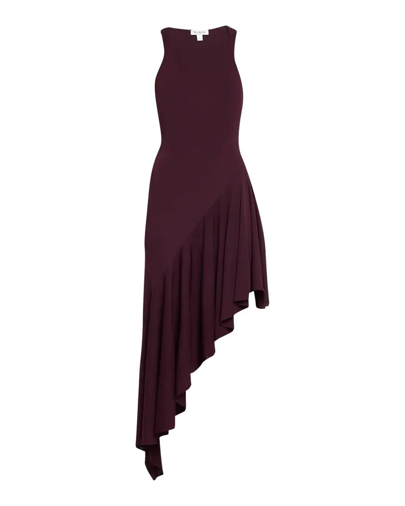 ALAIA Asymmetric Ruffle Jersey Sleeveless Midi Dress