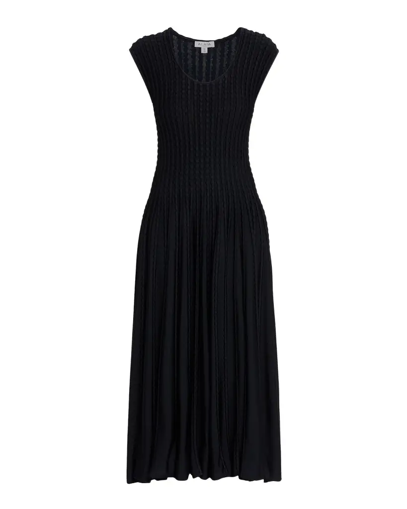 ALAIA Sleeveless Flare Pleated Knit Midi Dress