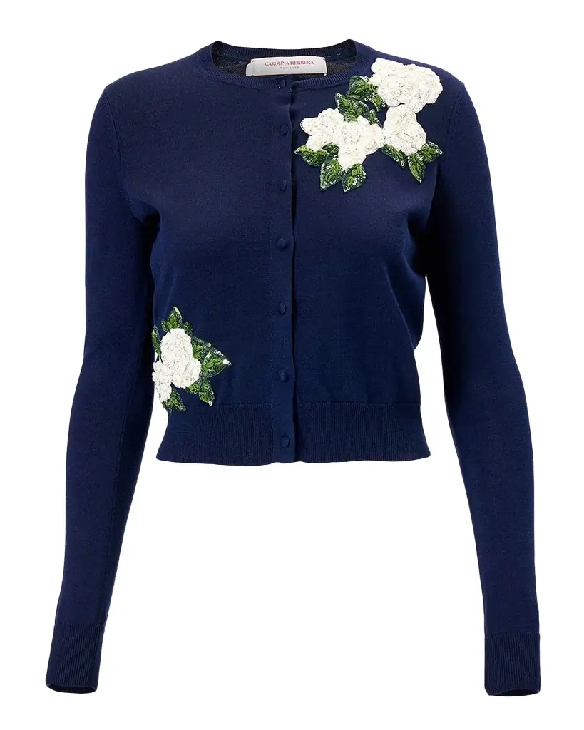 Carolina Herrera Sequined Floral Embroidered Crewneck Cardigan